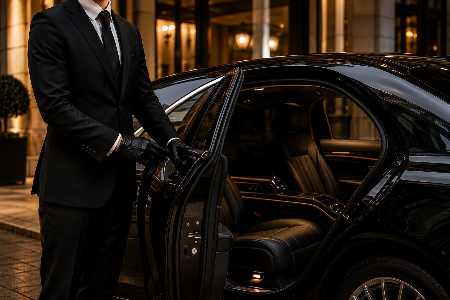 Professioneller Chauffeur öffnet die Tür eines schwarzen Premiumfahrzeugs